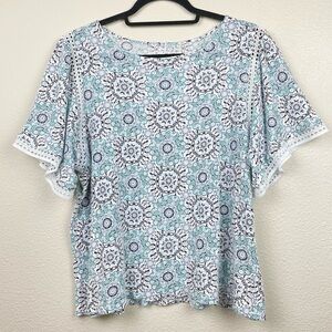 LOFT Women's XL 100% Linen Blue White Medallion Printed Blouse Short Sleeve Top